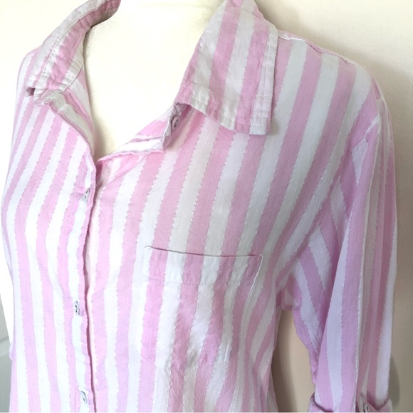 Secret Possessions Pink Metallic Stripped Button Down Shirt Top Women’s Size M/L - Picture 2 of 12
